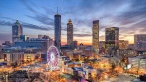 aerial view of downtown Atlanta, Georgia, USA at dusk sunset with lights